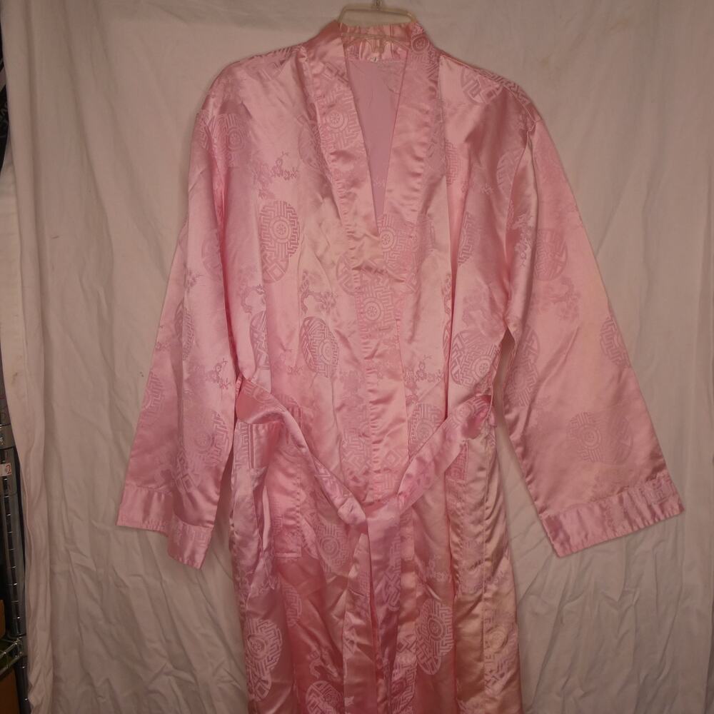 Kimono Robe Womens Large Pink Satin Jacquard Damask Floral Tie Waist
